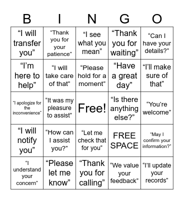 Bingo Card 1: Common Customer Service Phrases Bingo Card