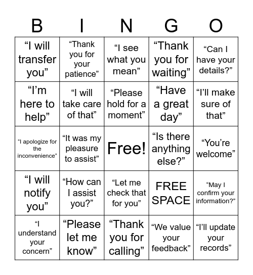 Bingo Card 1: Common Customer Service Phrases Bingo Card