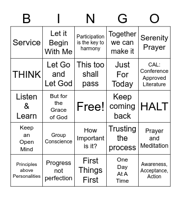 Al-Anon Slogans & Sayings Bingo Card