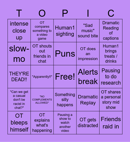 Random TV Time Bingo Card
