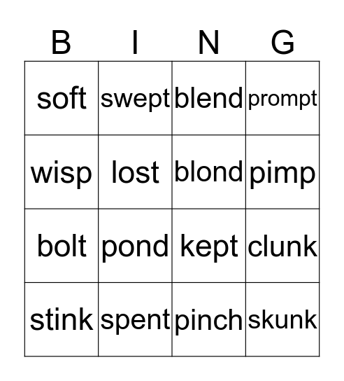 End Consonant Blends  Bingo Card