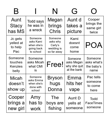 Osborne Family Dinners Bingo Card