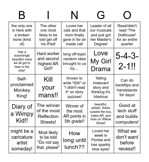 English Class Bingo Card