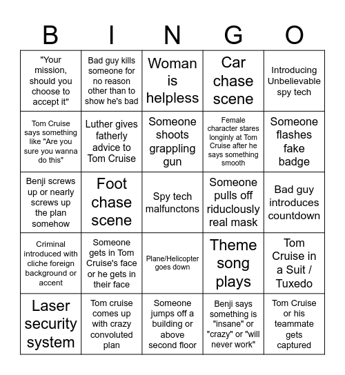 Mission Impossible Bingo Card