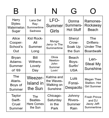 Radio Bingo Songs of Summer Bingo Card