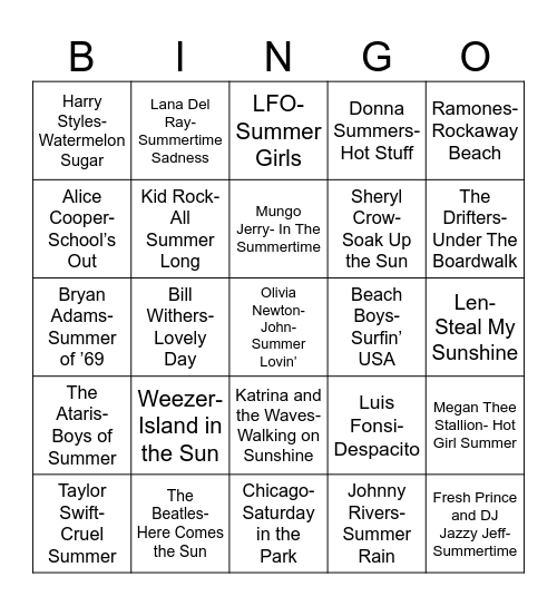 Radio Bingo Songs of Summer Bingo Card