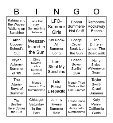 Radio Bingo Songs of Summer Bingo Card