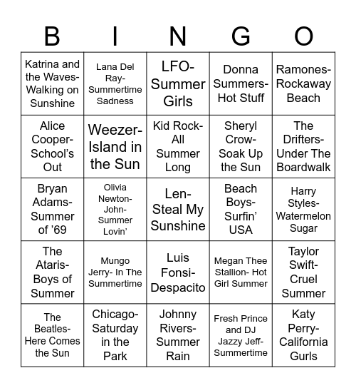 Radio Bingo Songs of Summer Bingo Card