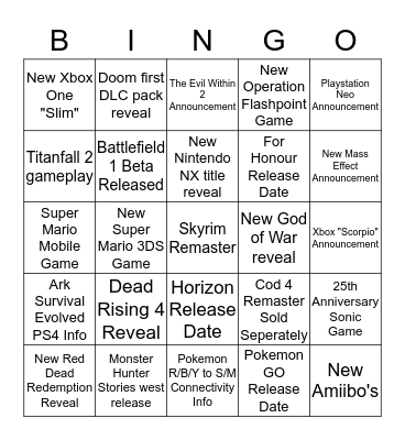 Jack's E3 Bingo Card Bingo Card