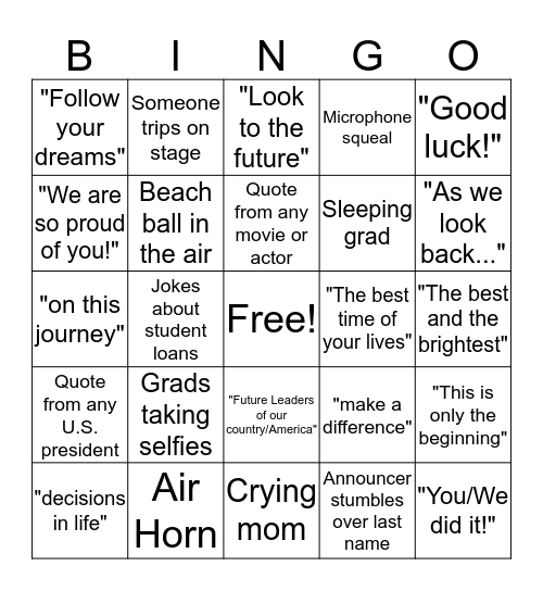 Luke's Graduation Bingo Card