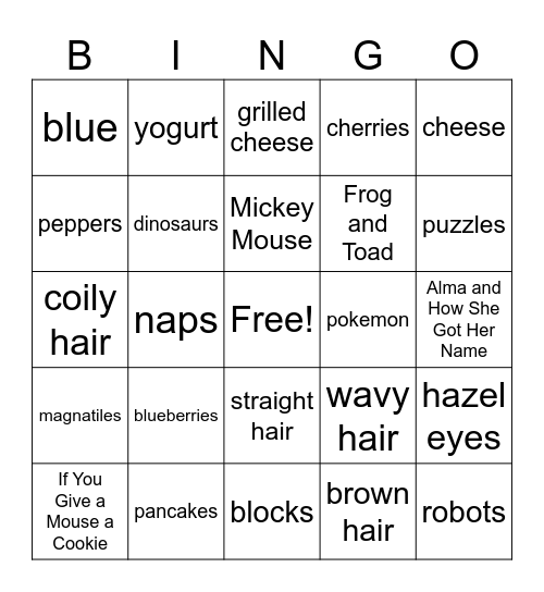 All About My Child Bingo Card
