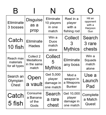 Fortnite Bingo Card