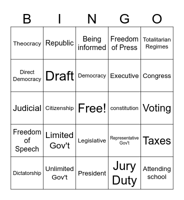 Government Vocabulary Bingo Card