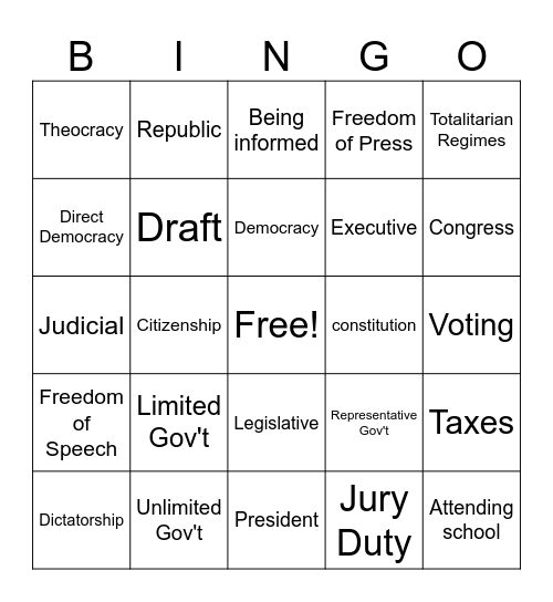 Government Vocabulary Bingo Card