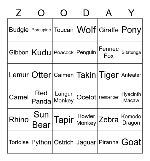 Mesker Park Zoo Bingo Card