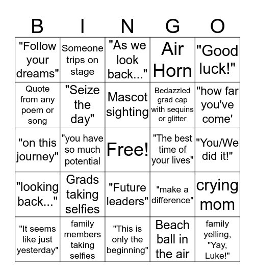 Luke's Graduation Bingo Card