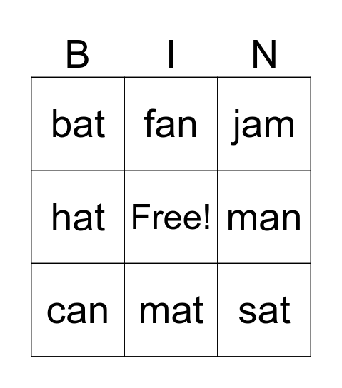 CVC words with medial a Bingo Card