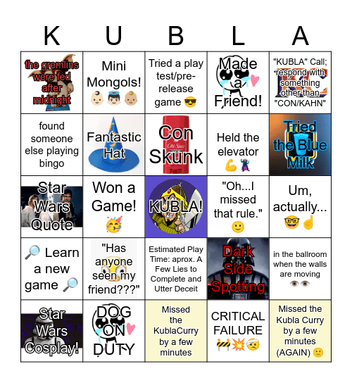 Officially Unofficial Kubla Bingo Card