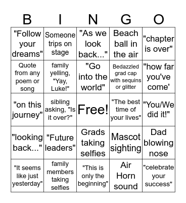 Luke's Graduation Bingo Card