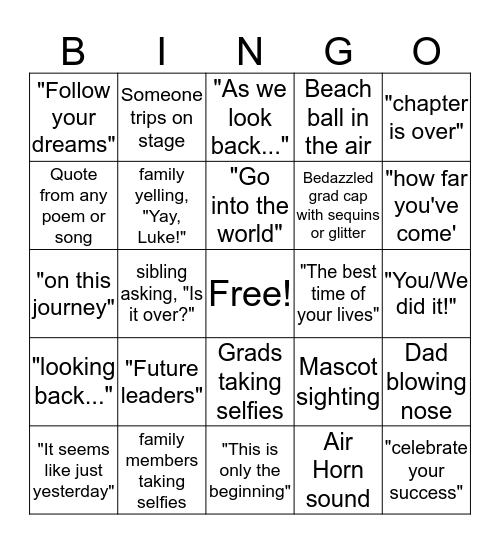 Luke's Graduation Bingo Card