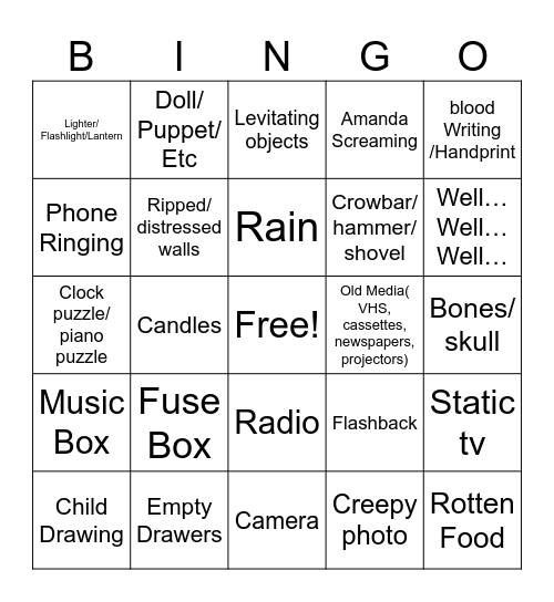 Horror Video Game Bingo Card