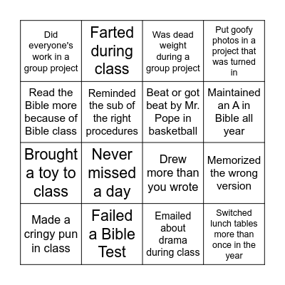 8th Grade Bingo Card