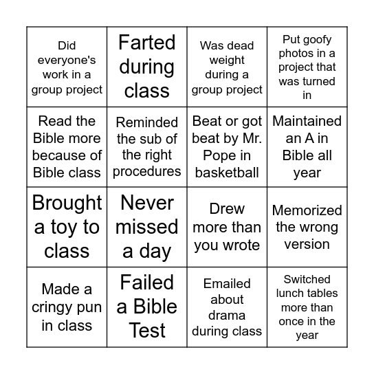 8th Grade Bingo Card