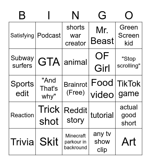 Youtube shorts Bingo Card