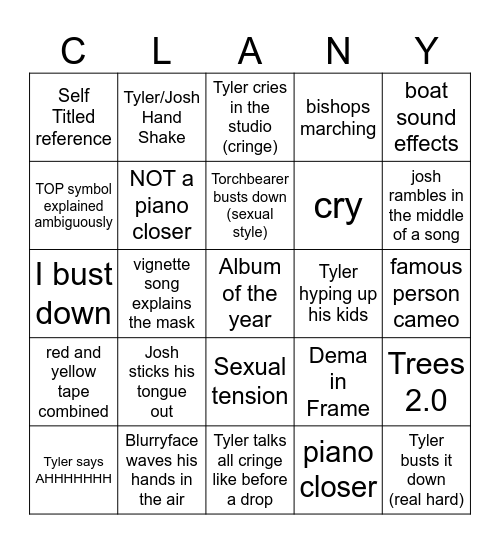 Clancy Album Feature Performance Event Bingo Card