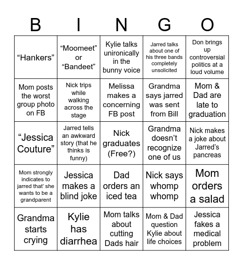 Nicks Graduation Bingo Card