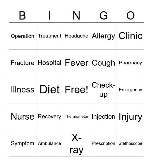 Medicine vocabulary Bingo Card