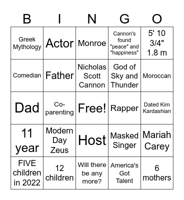 Nick Cannon Bingo Card