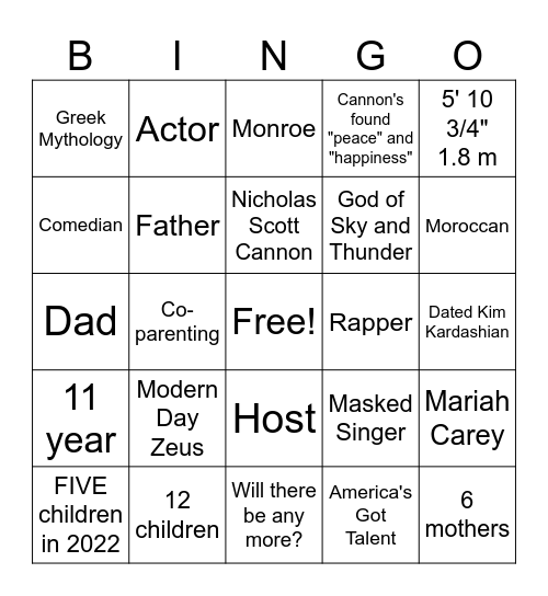 Nick Cannon Bingo Card