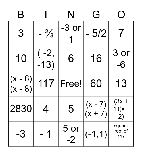 Algebra Review Bingo Card