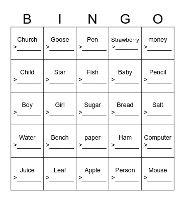 Plural bingo Card