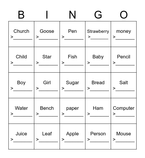 Plural bingo Card