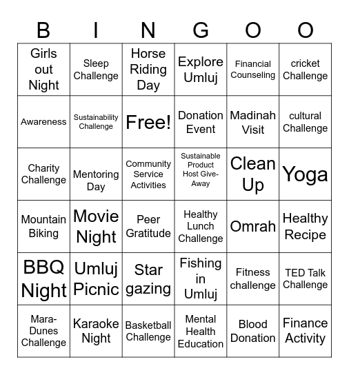 Mission Wellness Activities Bingo Card