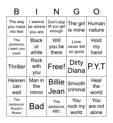 Michael Jackson Bingo Card