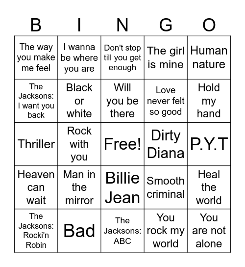 Michael Jackson Bingo Card