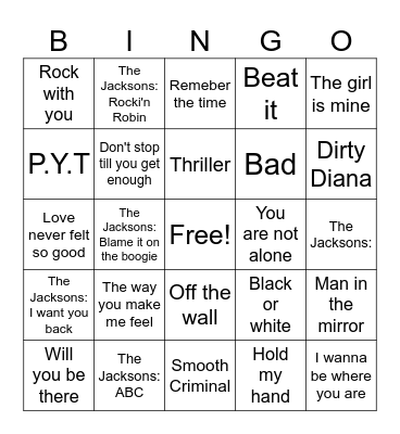 Micheal Jackson Bingo Card