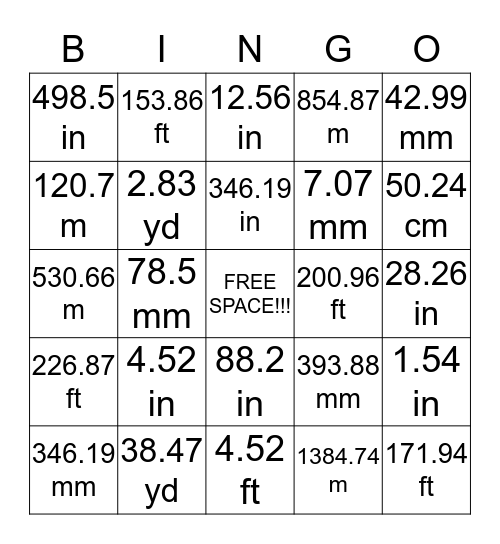 Circle Area Bingo Card