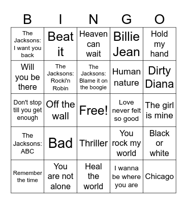 Michael Jackson Bingo Card