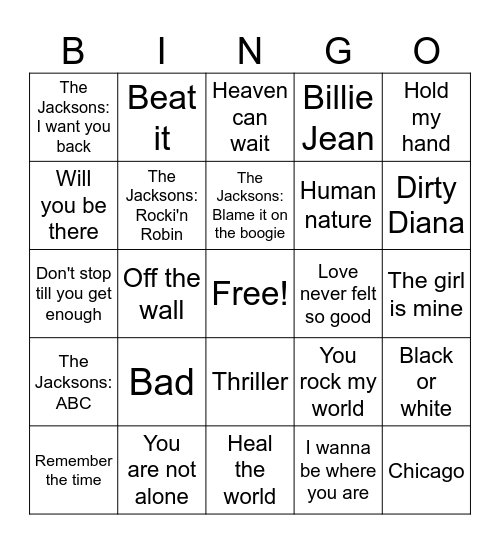 Michael Jackson Bingo Card