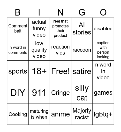 insta reels bingo Card