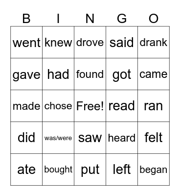 Irregular verbs Bingo Card
