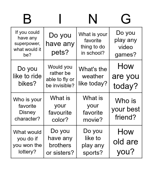 warm up Bingo Card