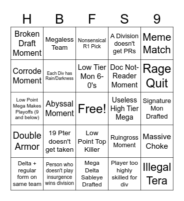 HBF Season 9 Bingo Card