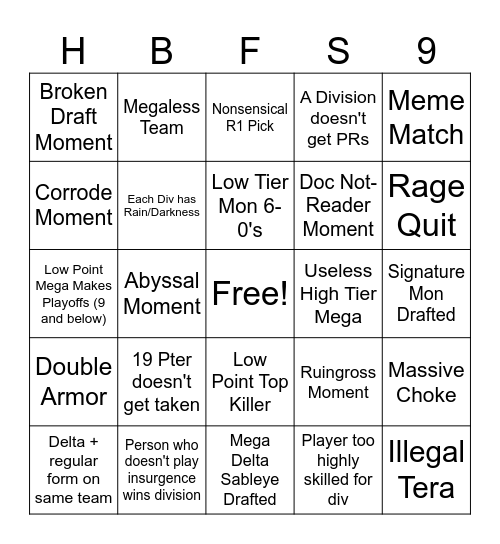 HBF Season 9 Bingo Card