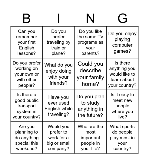 FCE speaking part 1 Bingo Card