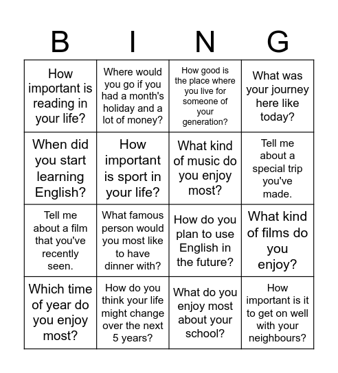 C1 SPEAKING PART 1 Bingo Card